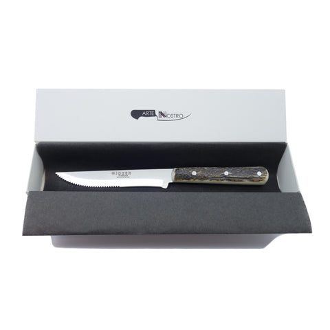 Joker Luxury 8-3/4" Country Steak Knife - Authentic Stag Horn Handle - Serrated Edge