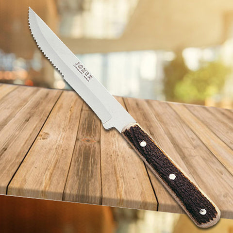 Joker Luxury 8-3/4" Country Steak Knife - Authentic Stag Horn Handle - Serrated Edge