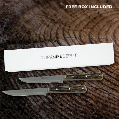 Joker Luxury Country Steak Knife - Authentic Stag Horn Handle - Non-serrated Edge (set of 2)