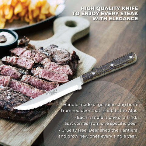 Joker Luxury 8-3/4" Country Steak Knife - Authentic Stag Horn Handle - Serrated Edge (set of 2)