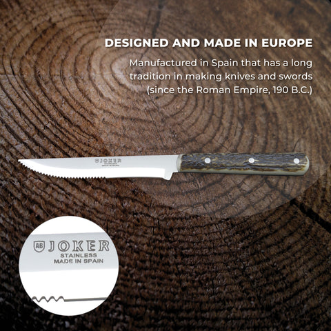 Joker Luxury 8-3/4" Country Steak Knife - Authentic Stag Horn Handle - Serrated Edge (set of 2)