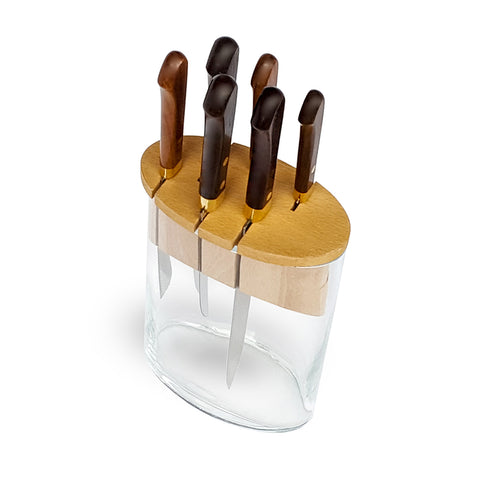 Curel 7-Pc Knife Set - Glass & Wood Block - Pau Santo Wood Handle
