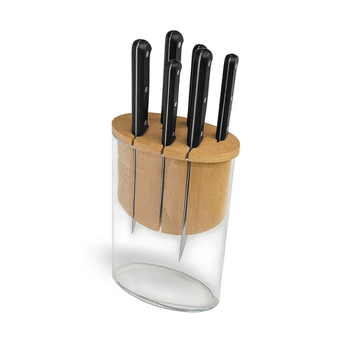 Curel 7-Pc Knife Set - Glass & Wood Block - POM handle